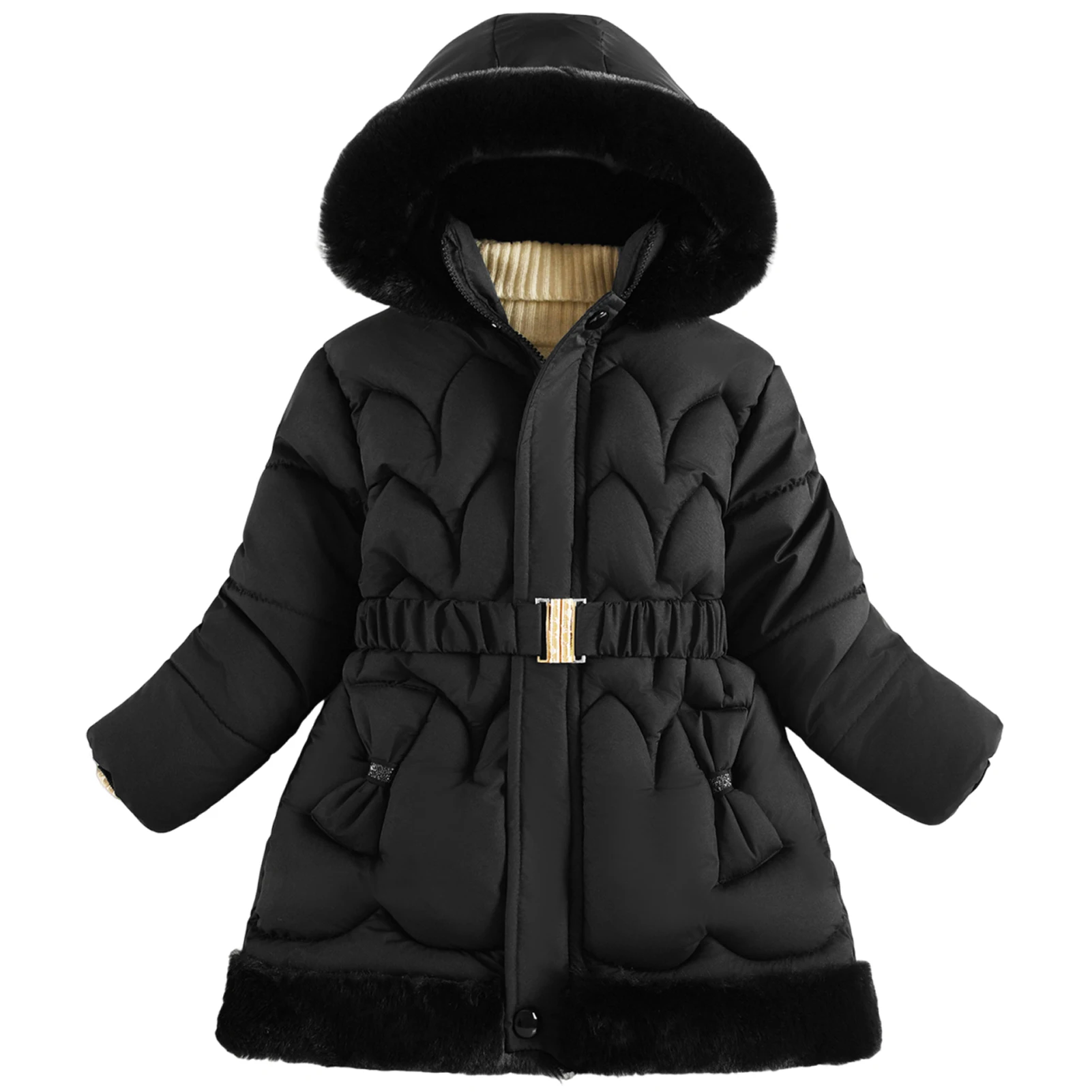 

Girls Down Cotton Jacket,Winter Warm Hooded Fleece Coat with Belt,Windproof Velvet Thick Children's Outerwear,Teens Overcoat