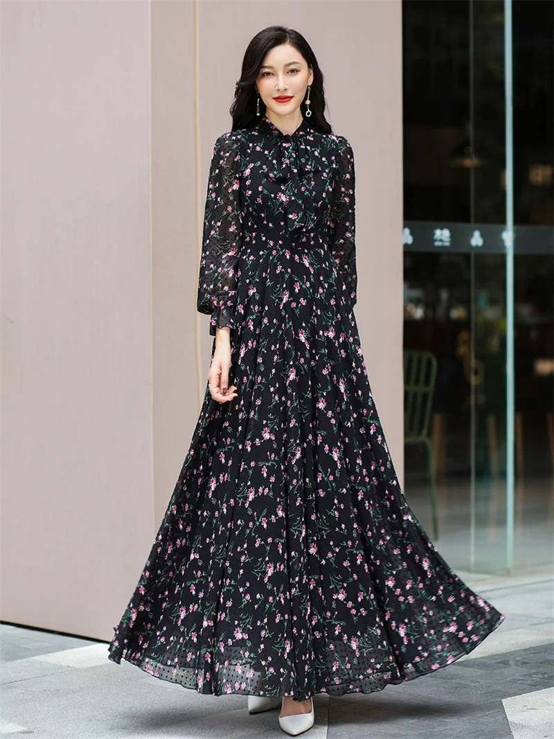chiffon dress women s slim 2025Spring New Women's High-end Floral Chiffon Long Dress With A Waist  Cinching And Slim Fit Long Sleeved Skirt Super airy Women