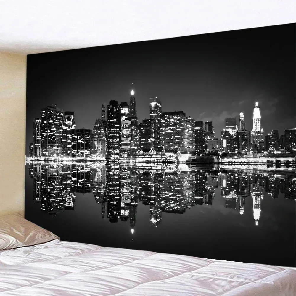1 Stück New York City Nachtansicht Wandteppich Hippie Wandbehang Wohnkunst Bohemian Dekorativer Wandteppich Hintergrundtuch Sofa-Decke