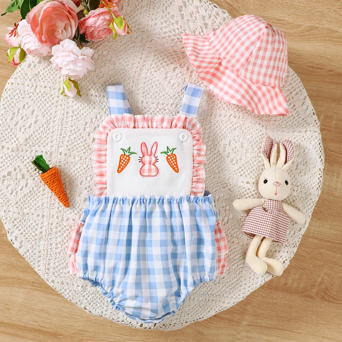 Baby Girl Summer 2Pcs Outfit Plaid Sling Romper + Hat Sweet Cute Bunny Carrot Embroidery Newborn Infant Bodysuit for 0-18 Months