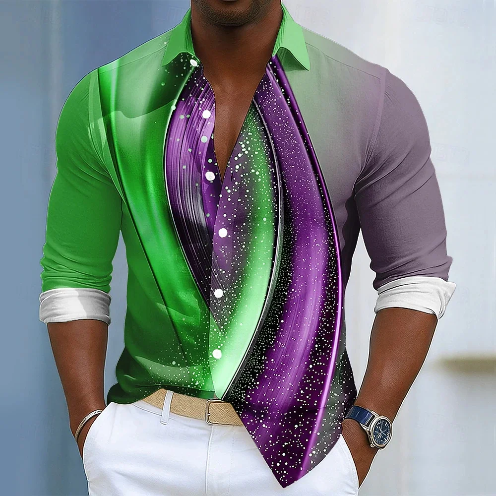 New Geometric Casual Shirt Mirror Satin Coffee Green Grey White Square Stripe Art Splicing Long Sleeve Shirt