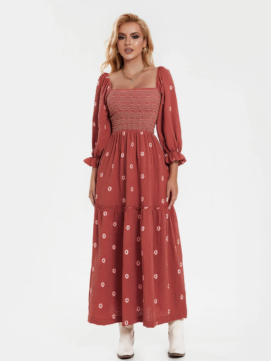 Women Vintage Flower Embroidered Long Dress Square Neck Lantern Sleeve Tiered Flowy Dress Party Beach Daily Streetwear