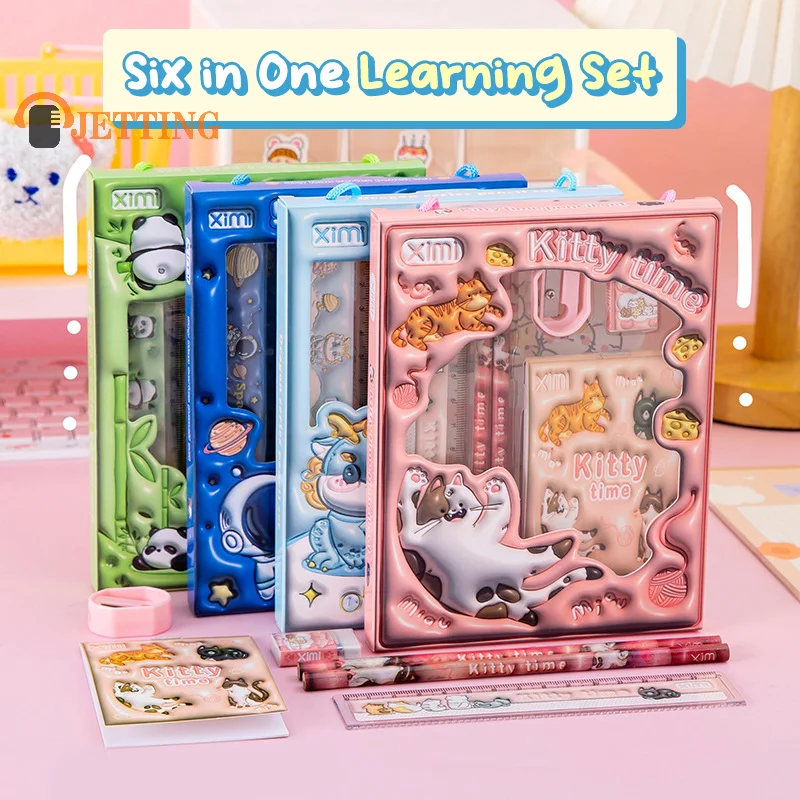 Cartoon Handheld Stationary Set Panda Pencil Dragon Eraser Astronaut Ruler Pencil Sharpener Cat Notebook W/Packaging Package