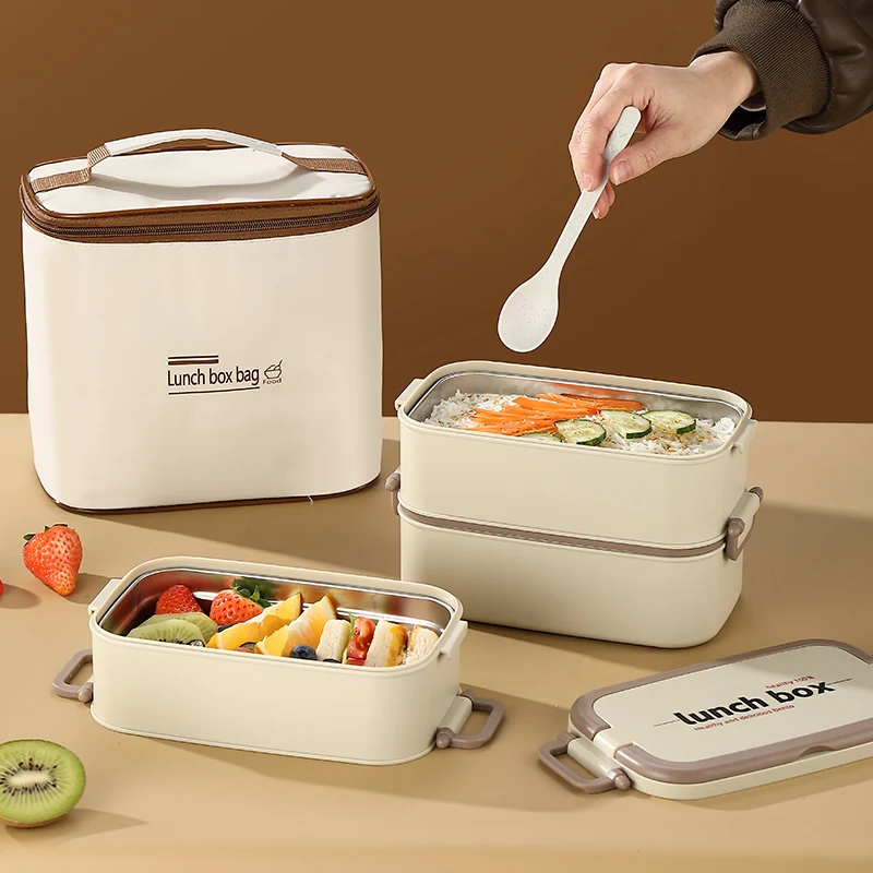 

Hot Sale Food Grade Material SUS304 Multilayer Bento Box Large Capacity Microwavable Square Lunch Box with Plastic Lid