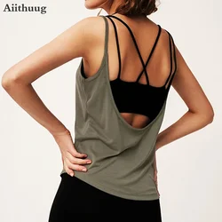 Aiithuug Top da yoga con scollo a U e orlo curvo sulla schiena, gilet ampio con spalline, senza maniche, ad asciugatura rapida, palestra, allenamento sportivo, pilates, camicie copricostume