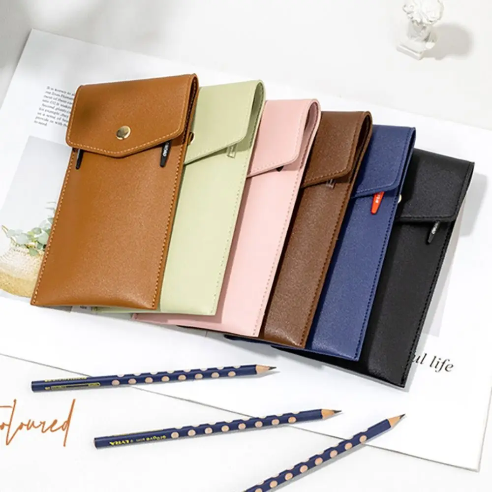 Vintage Snap Button PU Leather Pen Case Pocket Pen Pouch Mini Stationery Organizer Bag For Students Office Women Men Business