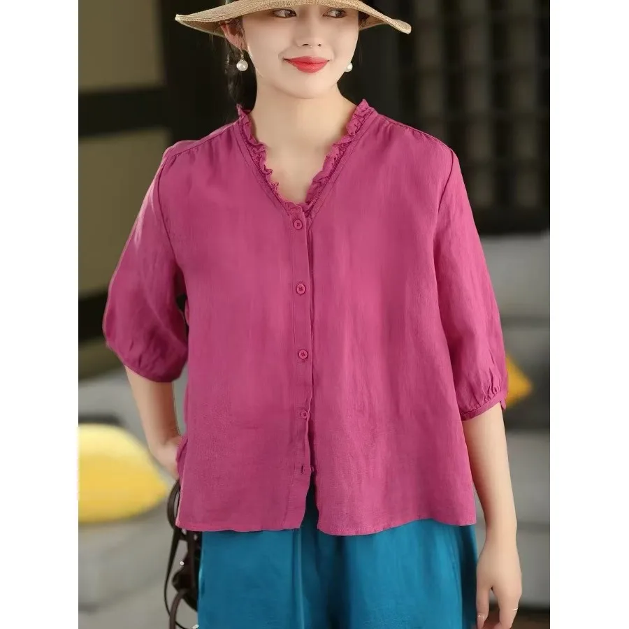

plus Size Cotton Linen Shirt Women's Stylish Summer New Short Sleeve Midi Sleeve Top Commute Style Loose Fit Shirt