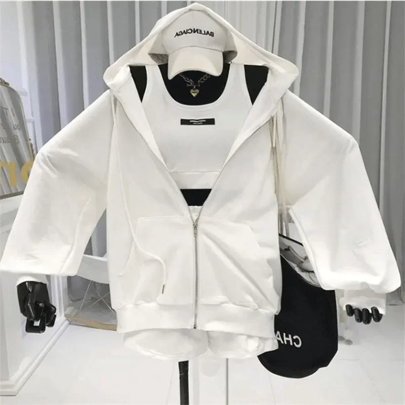 Y2k New Three-piece Casual White Vest Drawstring Running Shorts Loose Breathable Cardigan Zipper Hooded Sweatshirt Women's Set