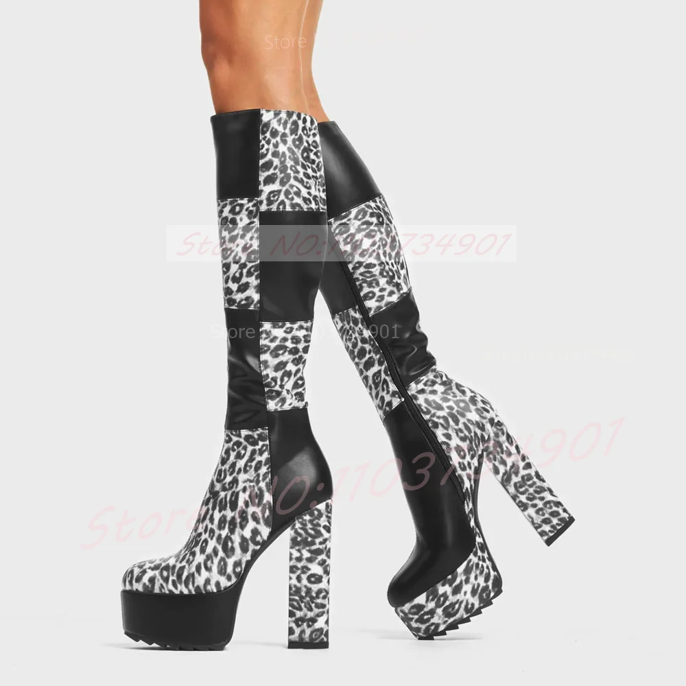 Schwarz-weiße Leoparden-Plateaustiefel für Damen, Patchwork-Stiefel mit runder Spitze, kniehohe Schuhe, Runway Street-Chic-Stiefel mit klobigem Absatz