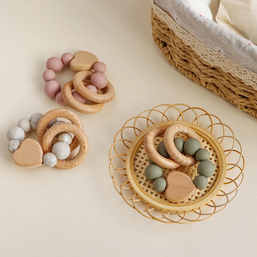 Food Grade Silicone Baby Wood Sensory Teething Chewing Beads Bite Ring Wooden Teether Toys Chew Necklace Autism for Anxiety Baby