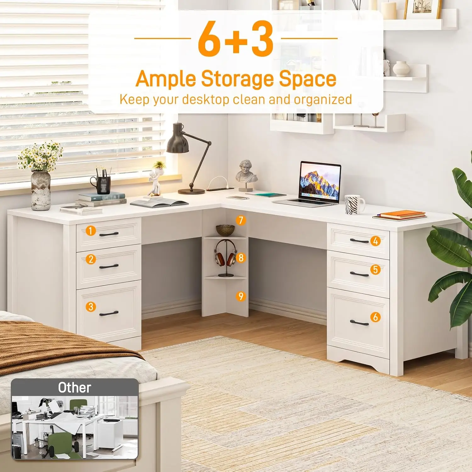 L Shaped Farmhouse Office Desk with 6 Drawers & Power Outlets, Executive Corner Desk with Storage Shelf, Customized image 3