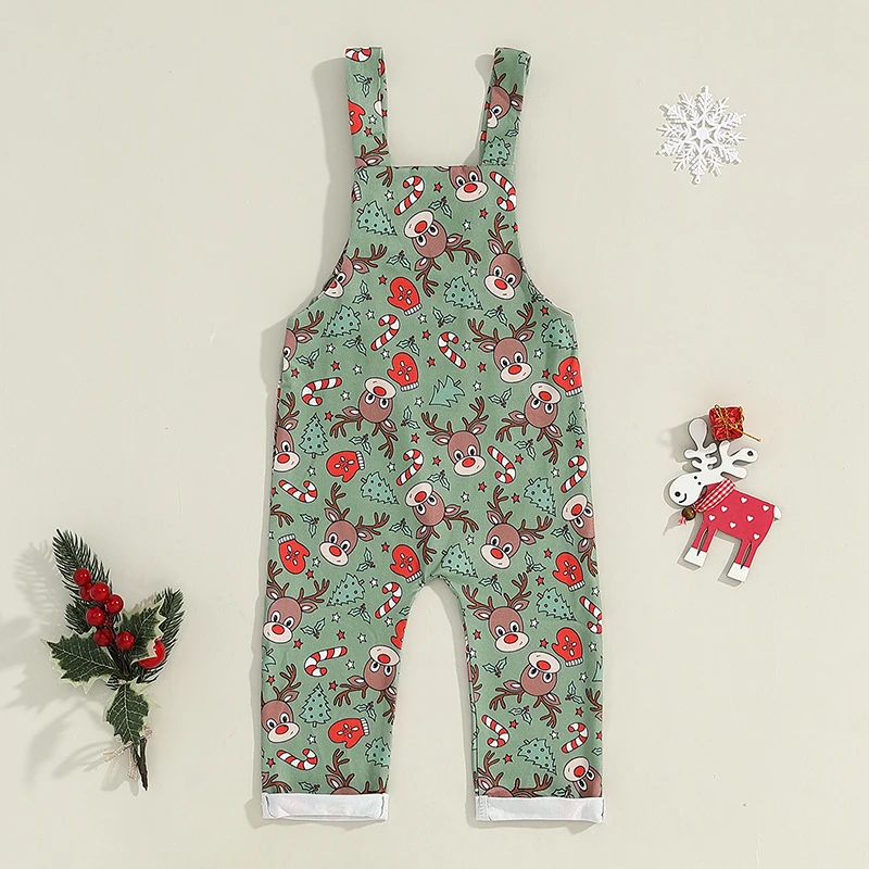 Christmas Toddler Girls Boys Overalls Reindeer Santa Print Sleeveless Straps Romper Jumpsuit