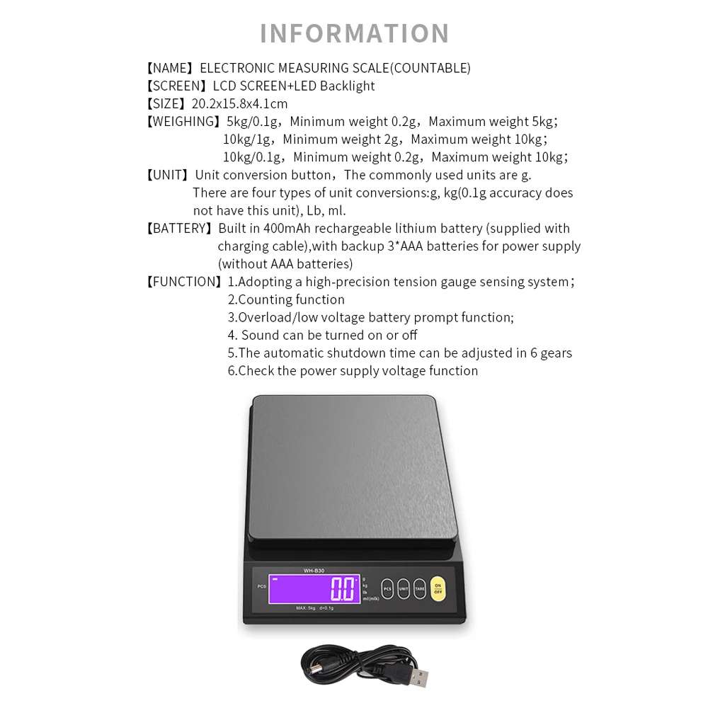 Rechargeable Baking Electric Scale IP67 Waterproof High Accurate Kitchen Scale with Counting Tare Zeroing Auto Power Off