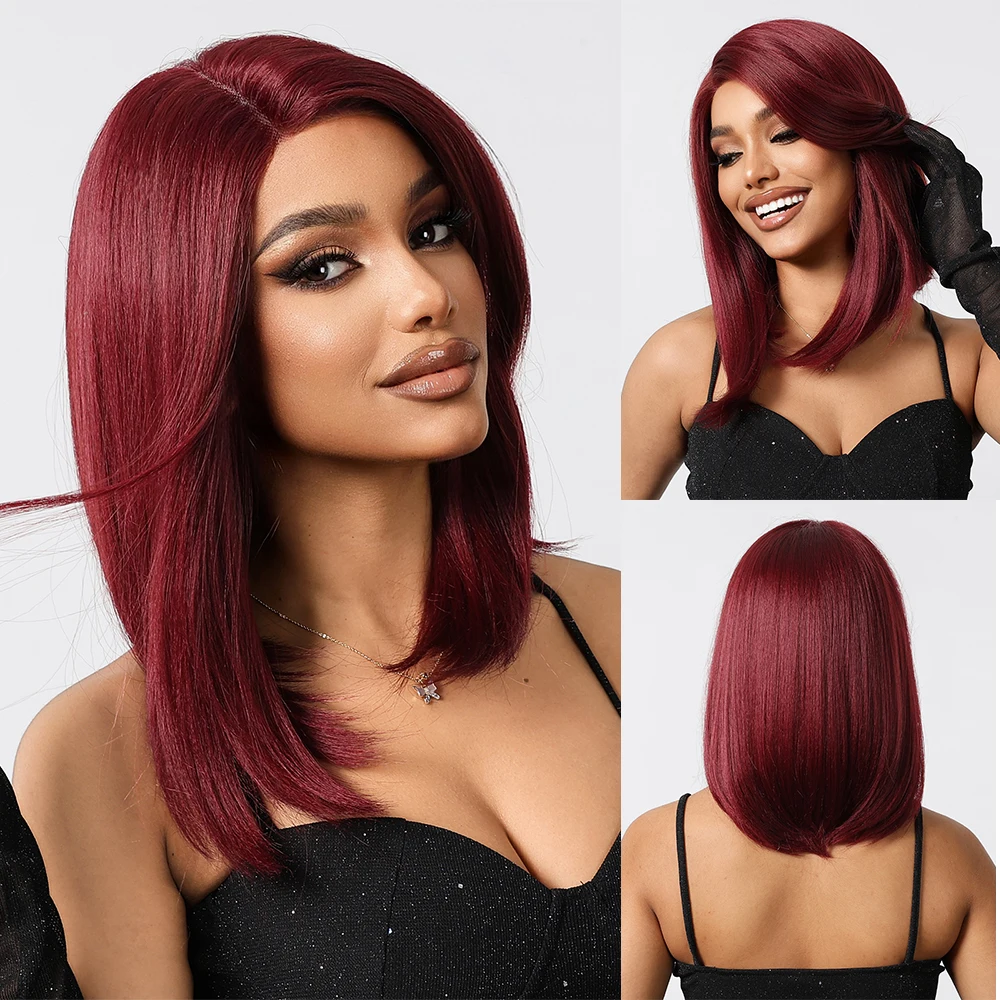 Straight Burgundy Wine Bob Afro Lace Wigs Transparent Lace Frontal Synthetic Wig Side Part Hair for Black Women Brazilian Daily