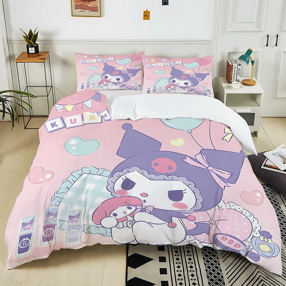 Kawaii Sanrio Kuromi Print Bedding Set 3PC 1 Duvet Cover 2 Pillowcases Adult and Children Bedding Set Luxury Bed Comforter Set