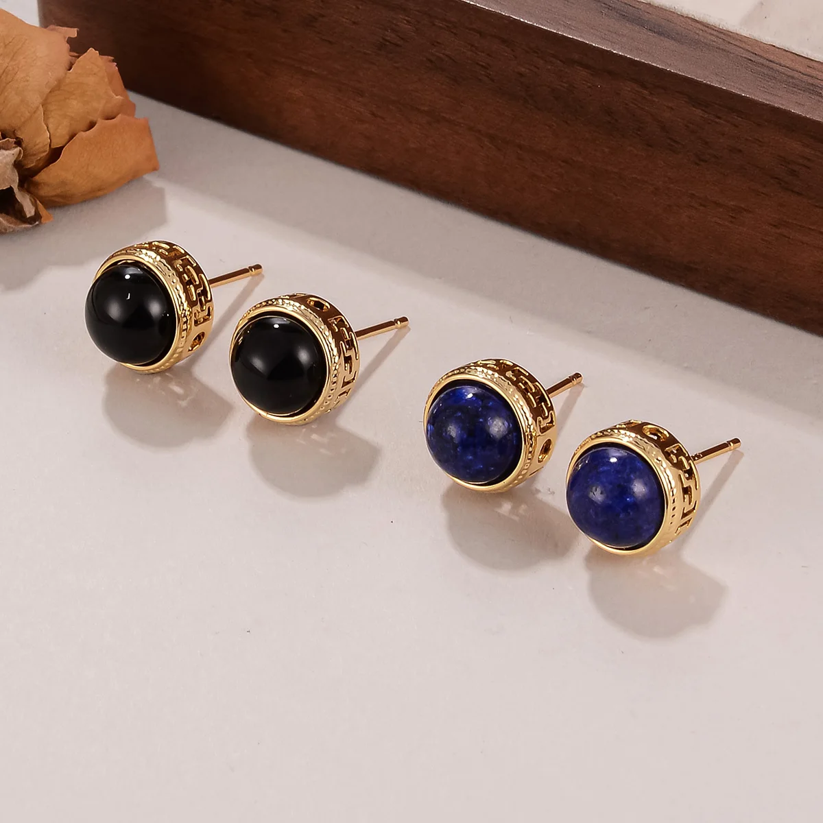 Elegant Gold-Plated Stud Earrings with Genuine Black Onyx and Lapis Lazuli - Classic Round Design