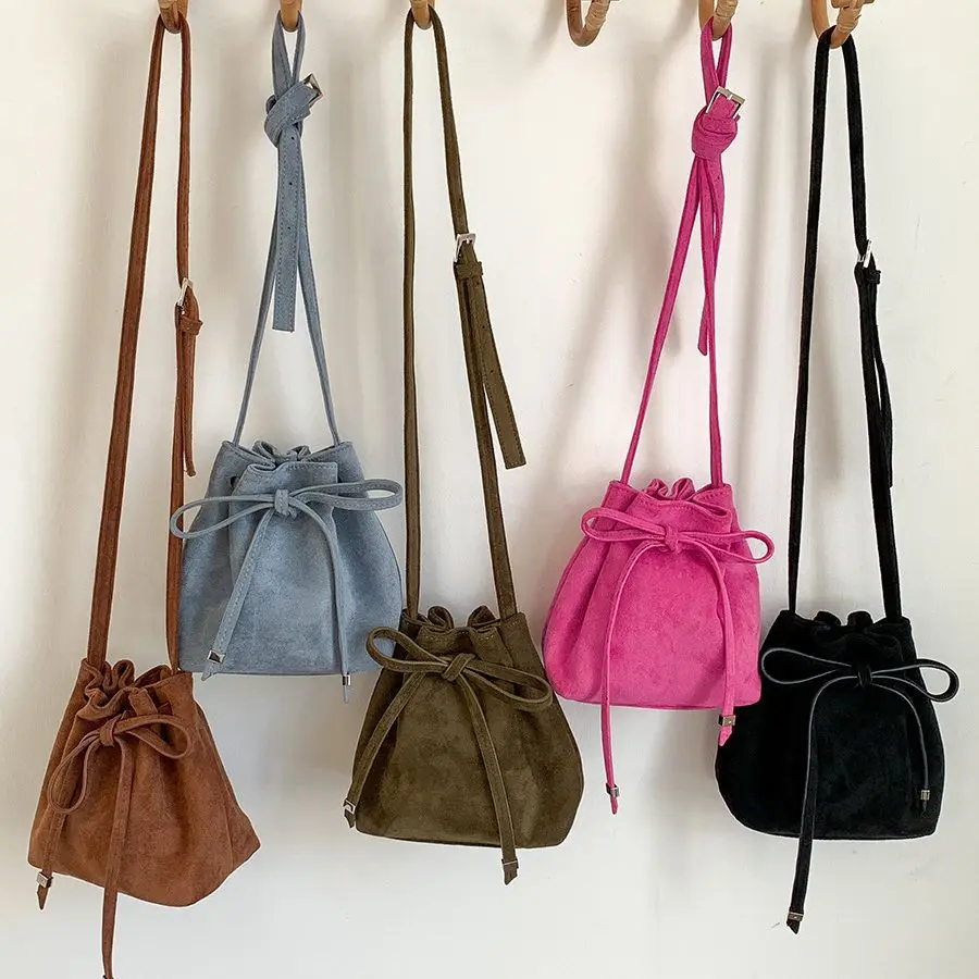 Fashion Faux Suede Bucket Bag High Quality Shoulder Bag Designer Crossbody Bags for Women Pleated Drawstring Bags Handbags Chic