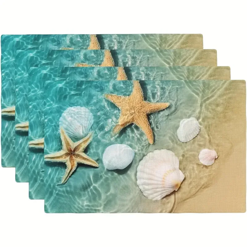 4/6/8-teilige Tischsets im Küsten- und Stranddesign mit Meereswellen und Muscheln, Rutschfeste, Wärmeisolierende Esstischmatten für Küchentische, Leicht zu Reinigen