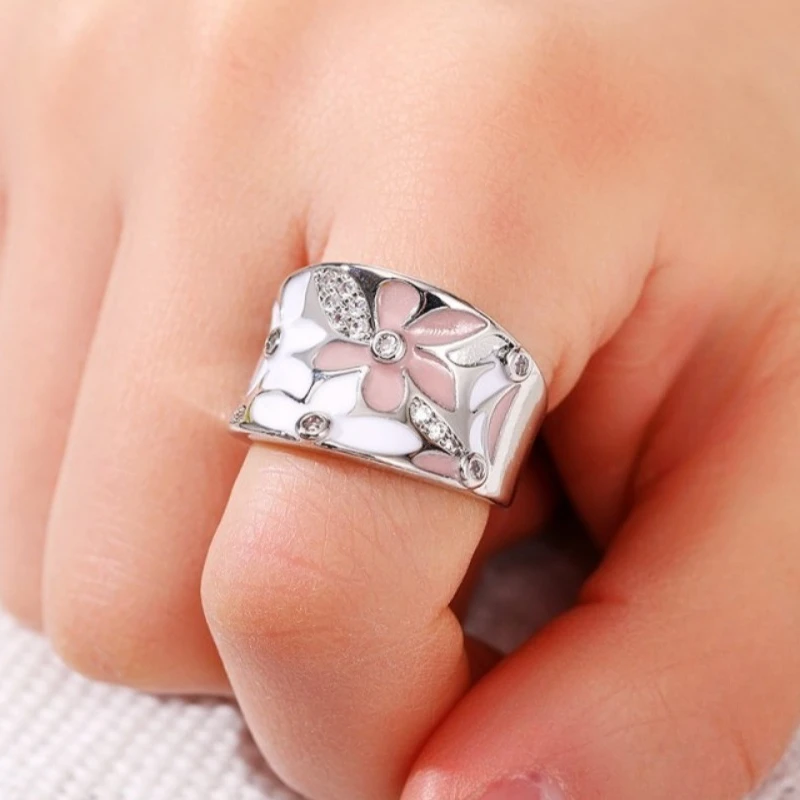 Sweet Korean Micro Inlay Zircons Flowers Sliver Color Stainless Steel Wide Index Finger Ring for Women High Quality Jewelry Gift