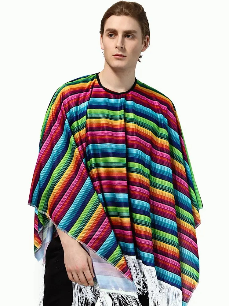 Rainbow Stripted Mexican Poncho Costume Cosplay Festival Party Adult Mexican Ethnic Folk Cape Shawl Halloween Holiday Hawaii