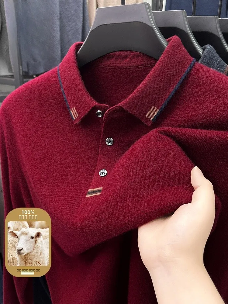 

00% Wool Knitted irt Long Sve Turn-down Collar Men's Sweater Luxury Lightweight Busin Casual Winter Wear