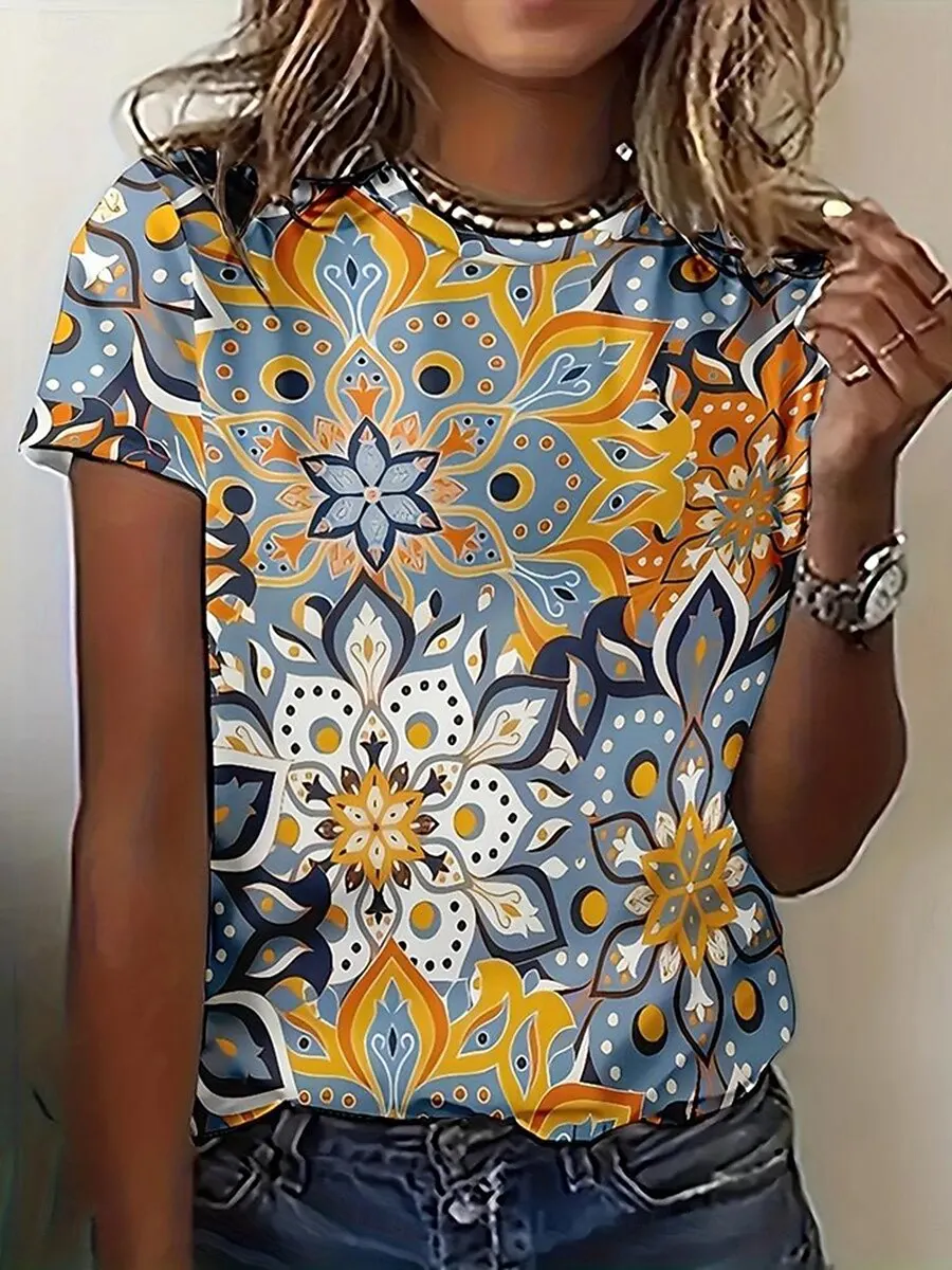 Women's Tribal Graphic T Shirt, Crew Neck Short Sleeve Casual Tops, Blue Orange Tone for Daily Look Spring & Summer
