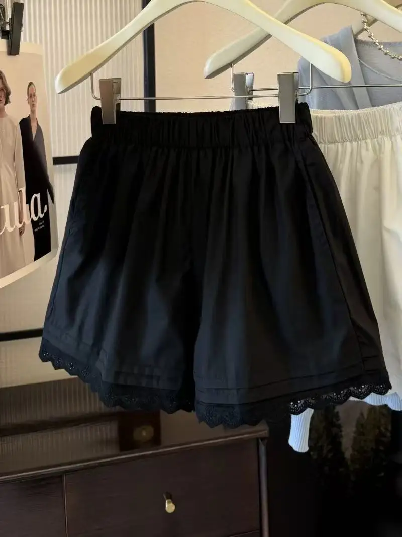 Women Pants Summer Loose Casual Solid Color High-Waist Elastic Waist Lady Shorts Lace Girl Student New Wide-Leg Home Sleep Pants