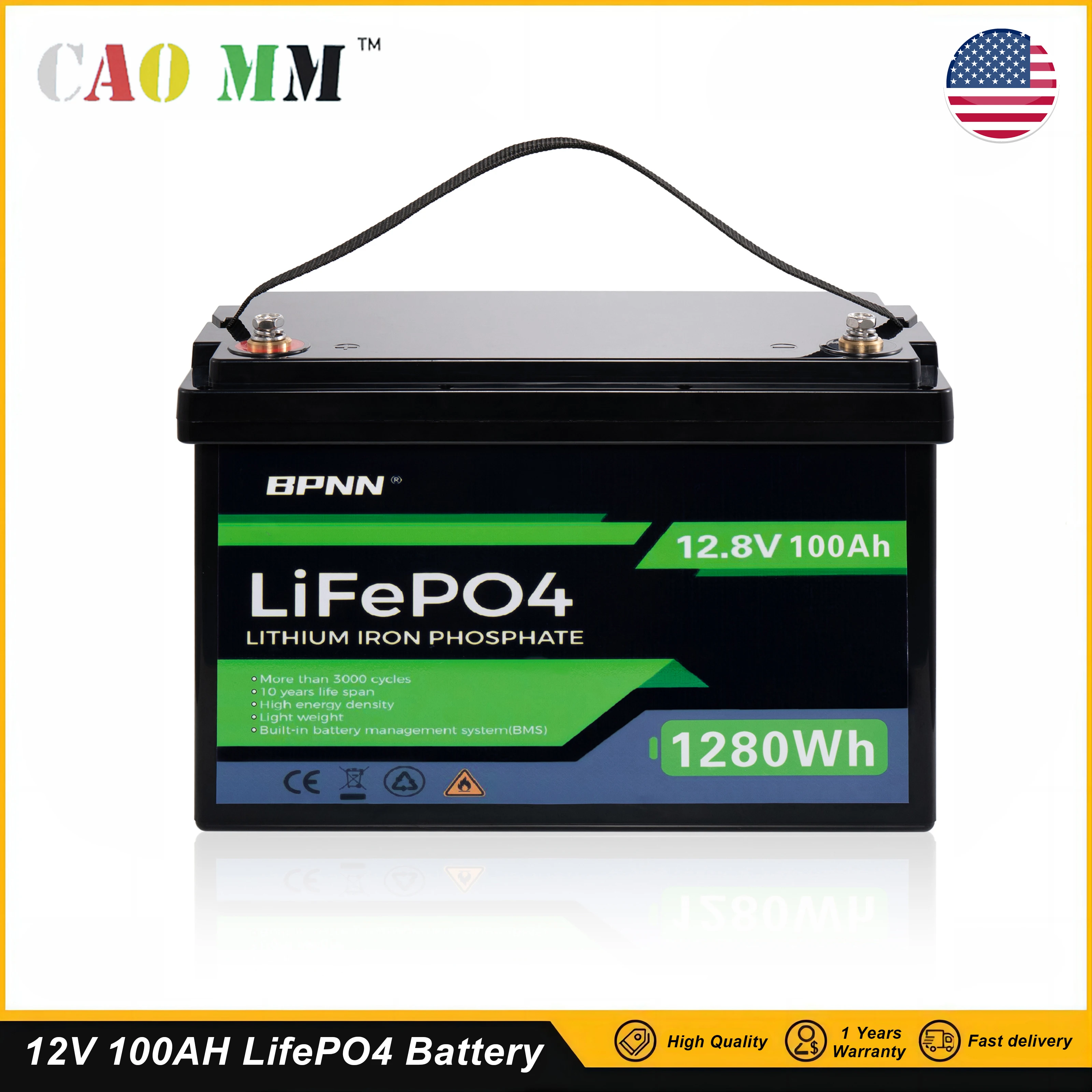 12V 100Ah LiFePO4 Battery 1280Wh with BMS Lithium Iron Phosphate Batteries Pack for Solar Boat Golf Cart Wind Solar Energy