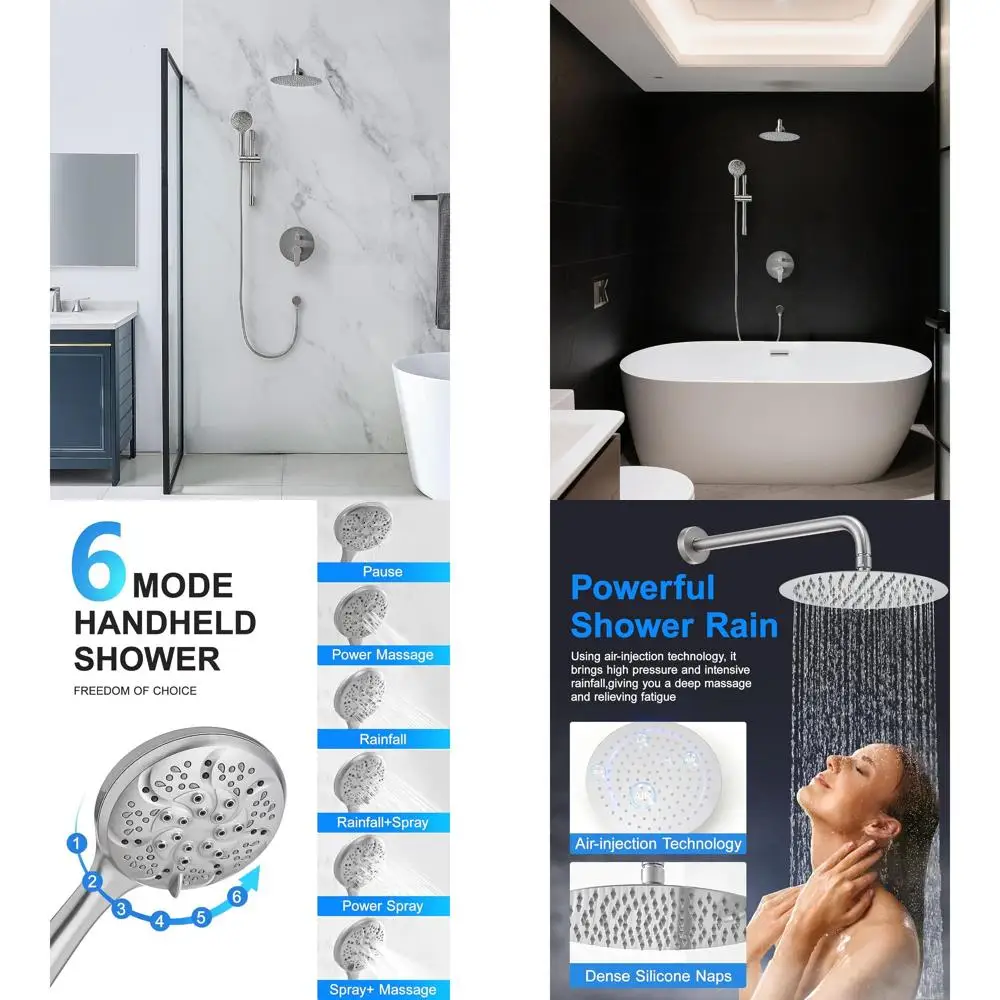 

10-inch Wall-Mounted Shower System with 6-Spray Handheld and Slide Bar, Brushed Nickel Finish