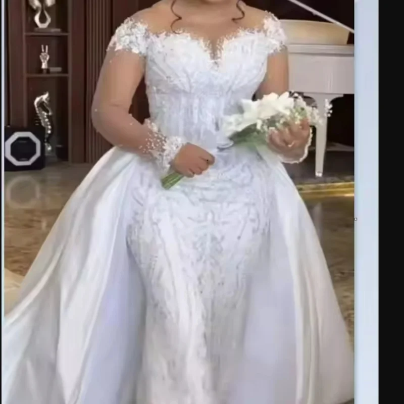 Customized Sparkly  Appliques Beads Wedding Dress with Removable Skirt  Plus Size Vestidos De Novia Long Sleeves Bridal Gown