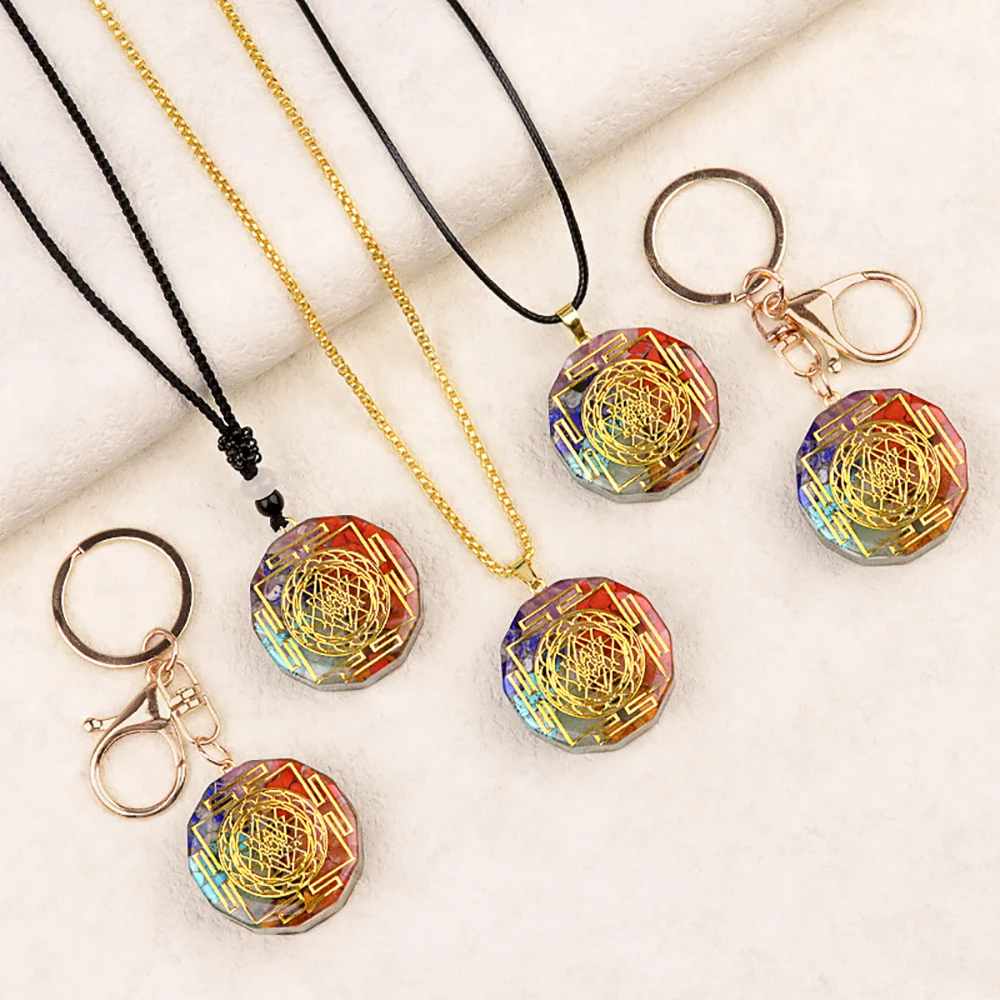 Natural 7 Chakra Resin Orgone Pendant Agate Chip Stones Keychain Brainded Rope Necklace Multiple Style DIY Jewelry Symbol Charms