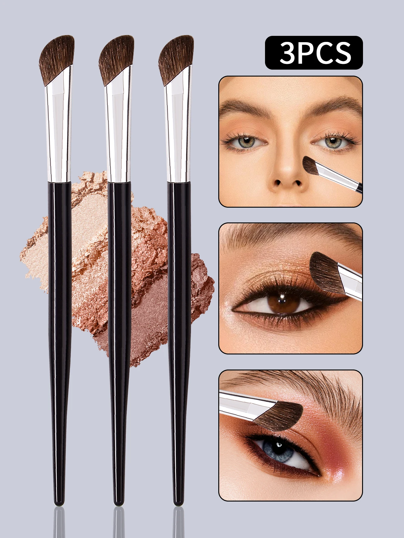 3 PCS Pincel de contorno de nariz em ângulo em forma de foice feito com pêlos de cavalo naturais para aplicação precisa de maquiagem
