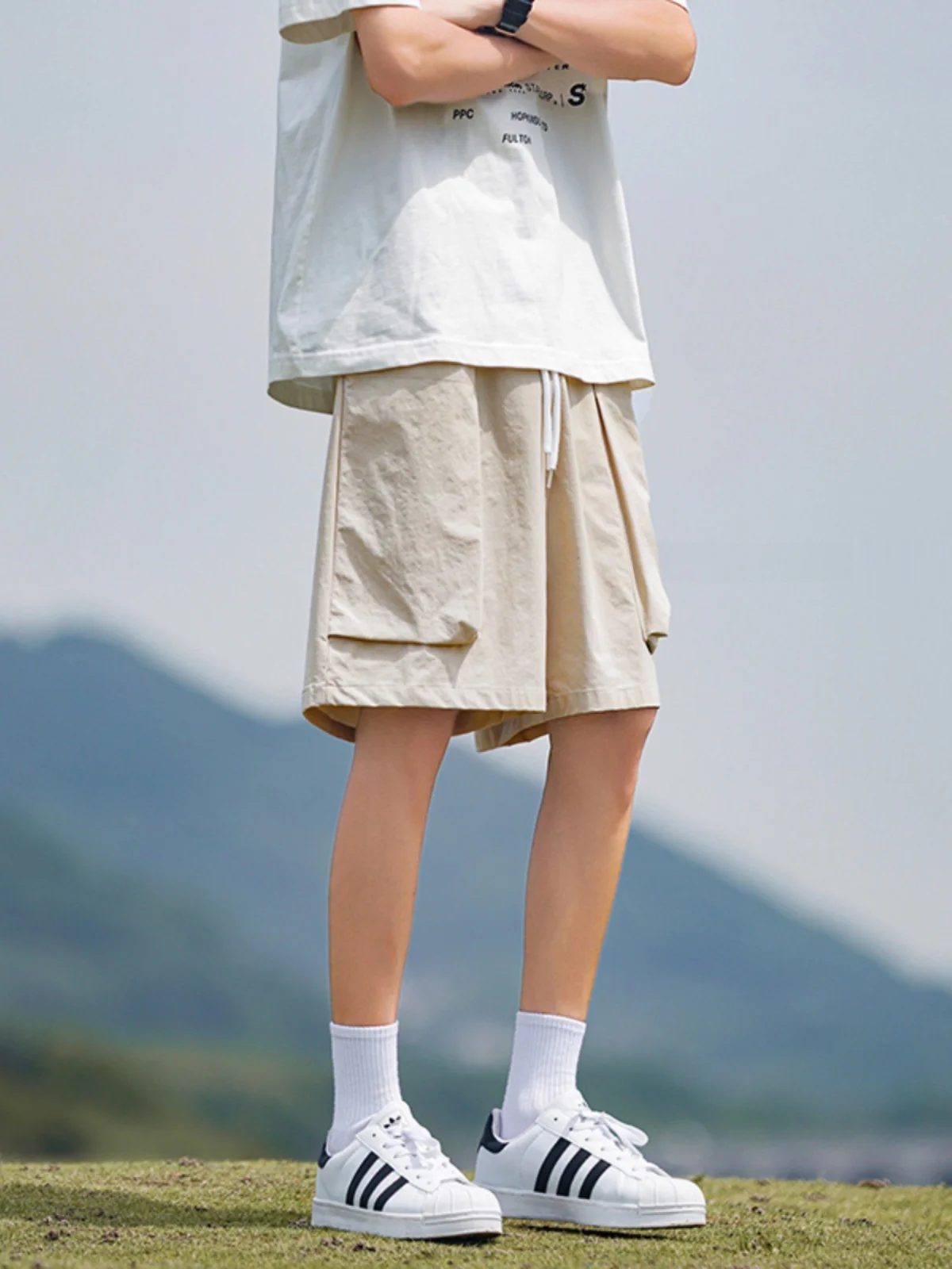 

Quick Dry Ice Silk Shorts Men's Summer American Retro Khaki Five-Quarter Length Casual Loose Fit Youthful Style Comfortable