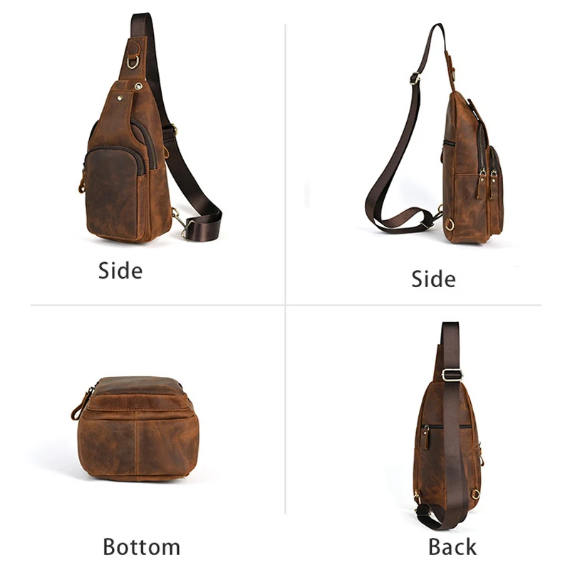 Multiple Zippers Metal Hardware Details Chest Bags for Men Vintage Brown Genuine Leather Sling Bag Retro Style Phone Pouch