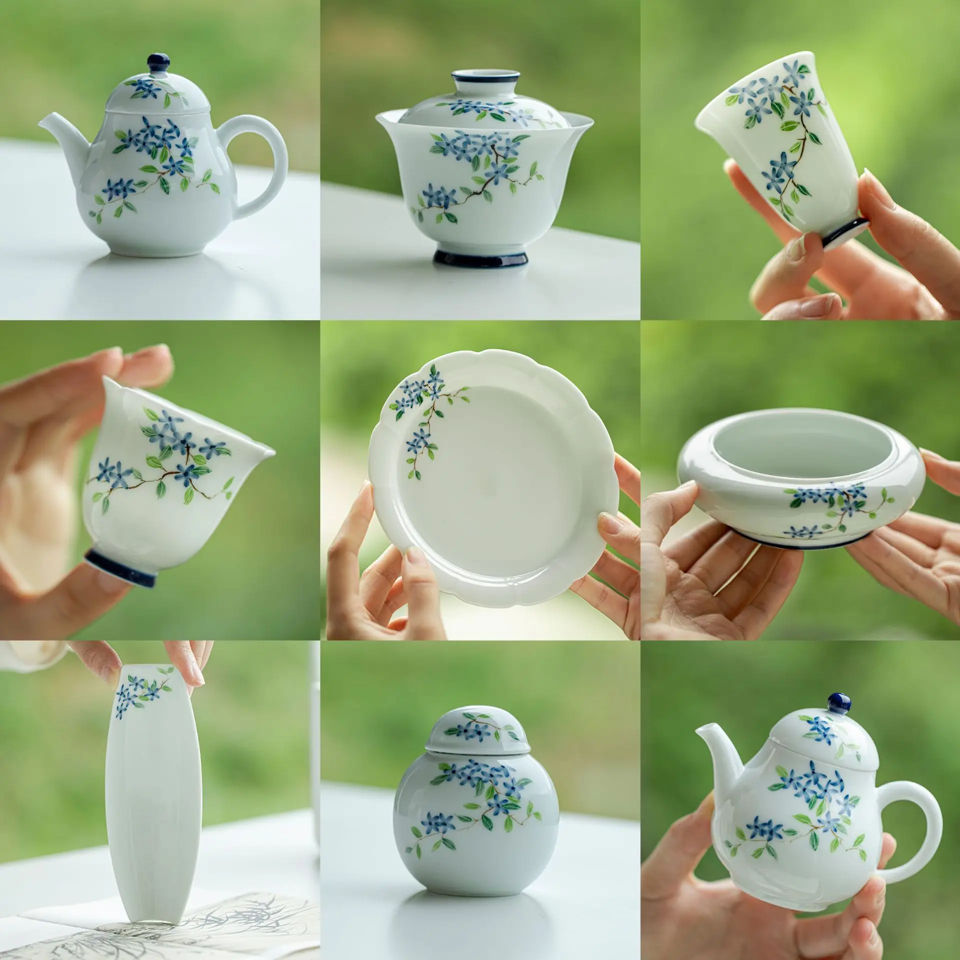 Jade mud white porcelain hand-painted small blue flower kung fu tea set handmade ceramic cover bowl