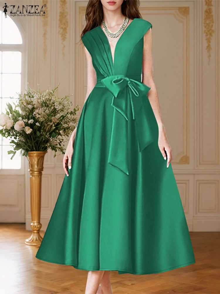 ZANZEA สตรีแฟชั่นซาตินค็อกเทลปาร์ตี้ Midi Dresses Elegant Pintuck V คอ Bow Tie A-Line Robes Femme เซ็กซี่ Vestidos
