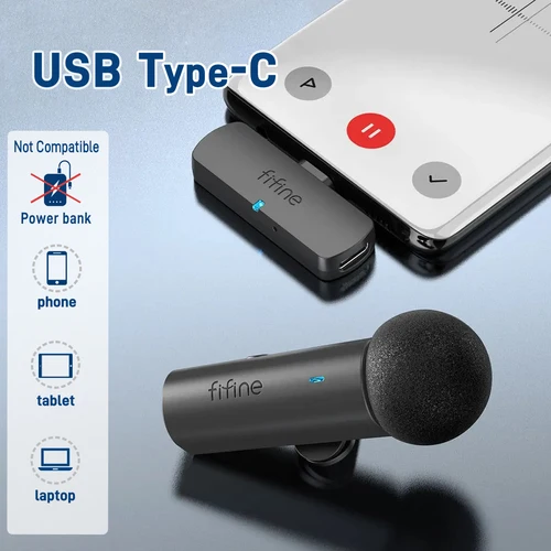 Imagen 2 del producto Micrófono de grabación Lavalier inalámbrico FIFINE, Mini micrófono tipo C para teléfono móvil/tableta/portátil, transmisiones en vivo/Vlog/Interview-M6