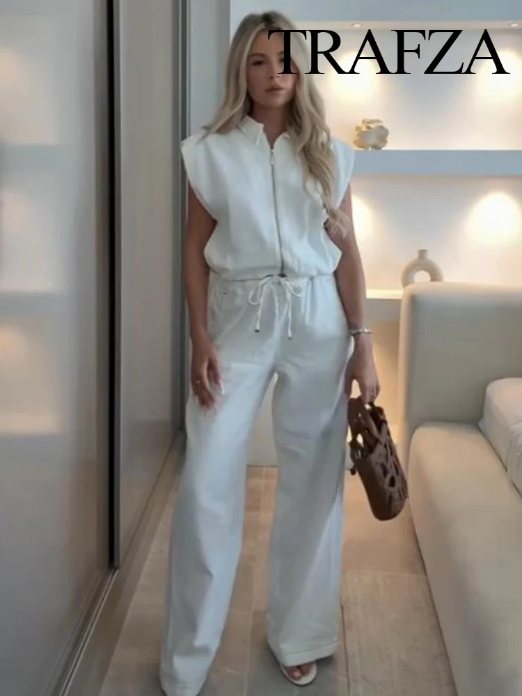 

TRAFZA Summer Women's Fashion Solid Lapel Zipper Line Stretch Hem Vest+Casual Elastic Waist Drawstring Pocket Jogging Jeans Suit