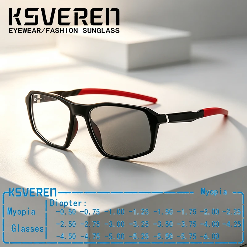 TR90 Rectangle Sport Photochromic Myopia Glasses Men Finished Prescription Glasses Negative Diopters for Outdoor Daily Wear