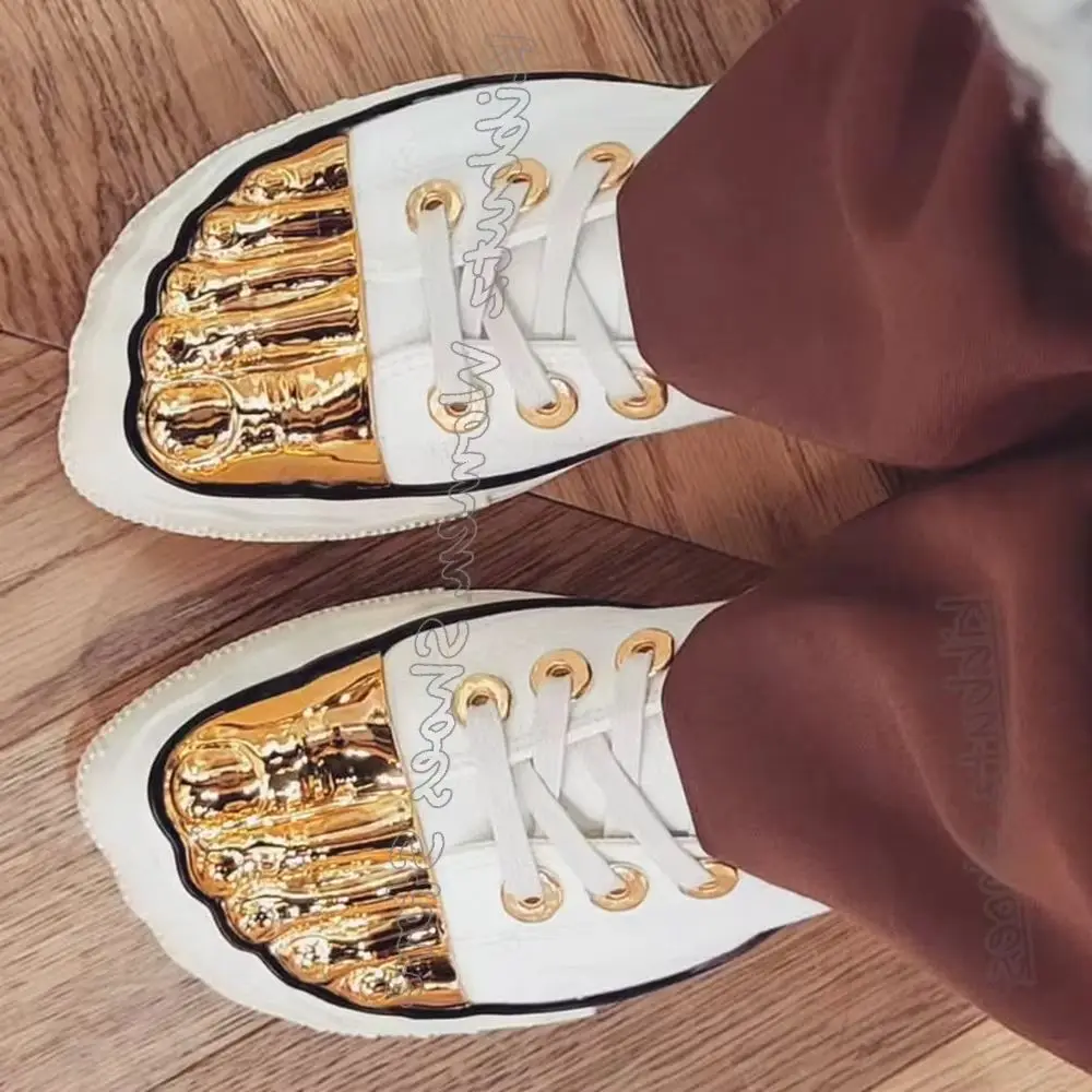 

Five Finger Toe Canvas Shoes Golden Brass Lace-Up Flat with Fashion Sexy Novelty Concise Luxury Women Shoes Newest Runway Show