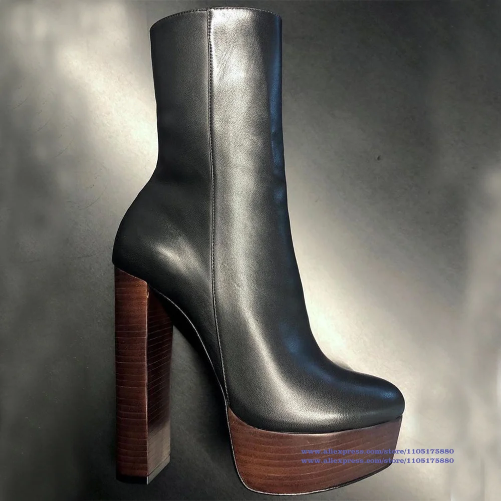 

Platform Block Heel Ankle Boots Women Round Toe High Heel Black Leather Booties Elegant Women Boots Trendy Handmade Botas Mujer