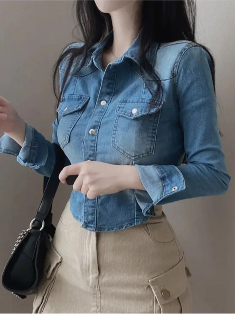 

Chic Vintage Single-Button ort Denim irt Jaet Women's Slim Fit Waist-Cinching Turn-down Collar Top Spring Faion