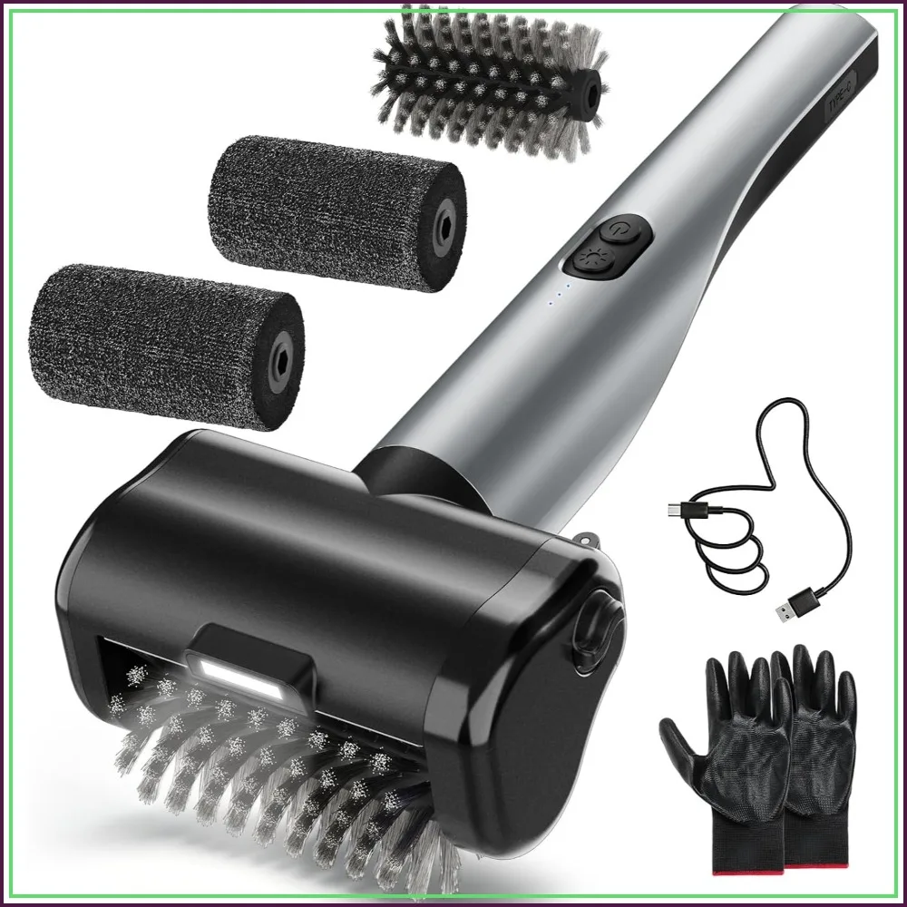 

Cordless Electric Grill Brush, BBQ Cleaner with LED Light, 3 Detachable Heads, 180 Mins Runtime for Outdoor Grates