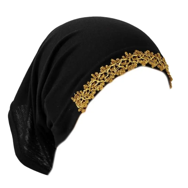39BB Traditional Hijab Hat for Women Muslims Cap with Lace Flower Decors Simple Design Comfortable Turban Hat for Daily Wear