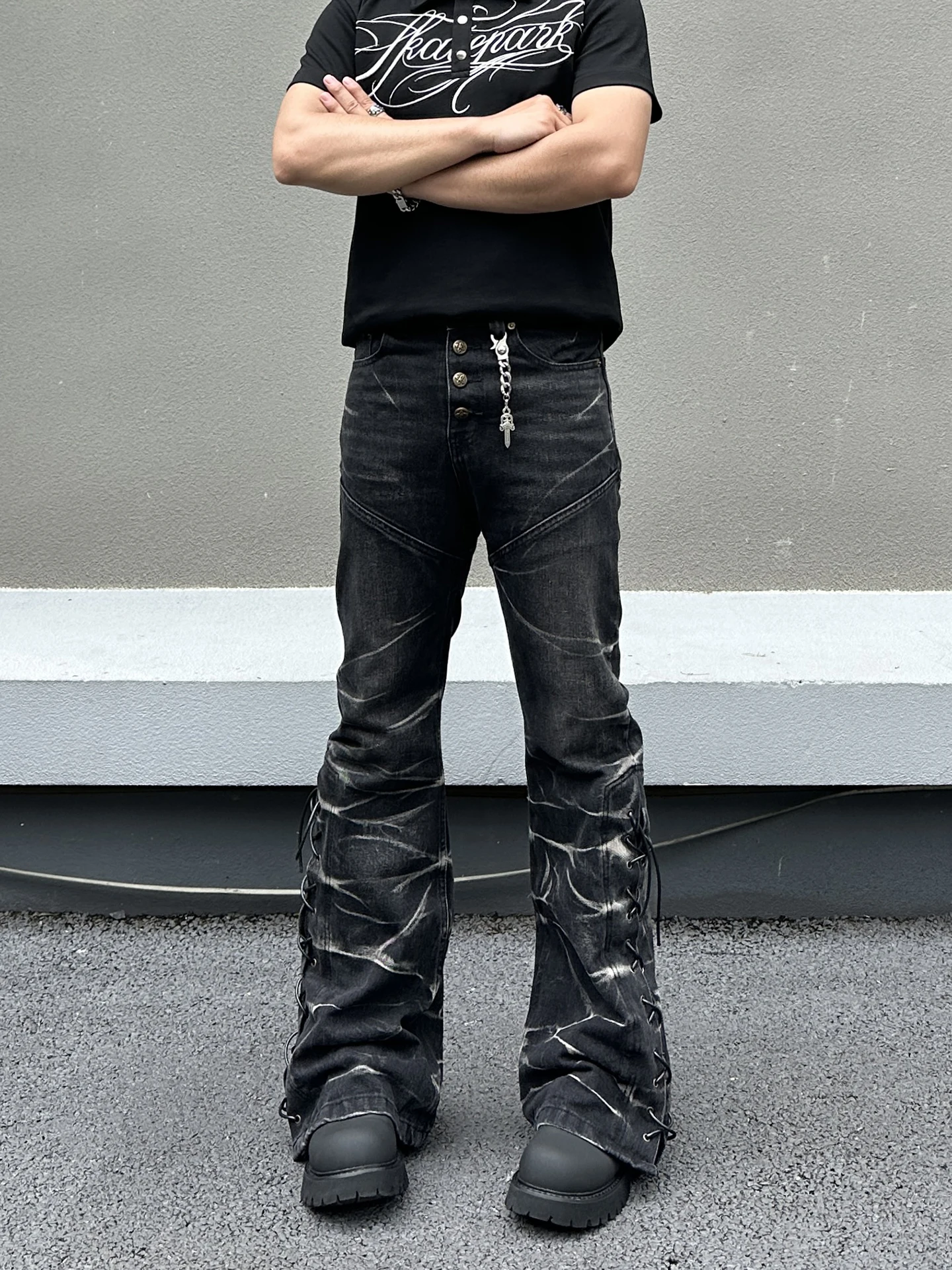 Calças Jeans Slim Fit com Padrão de Raios da Subcultura Gótica, Estilo Americano, Calças Flare Punk para Homens e Mulheres