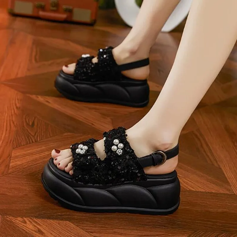 

High Quality Fashion 7.5cm Synthetic Women Casual High Brand Peep Toe Shoes Summer Bling Hollow Slippers Platform Wedge Sandals