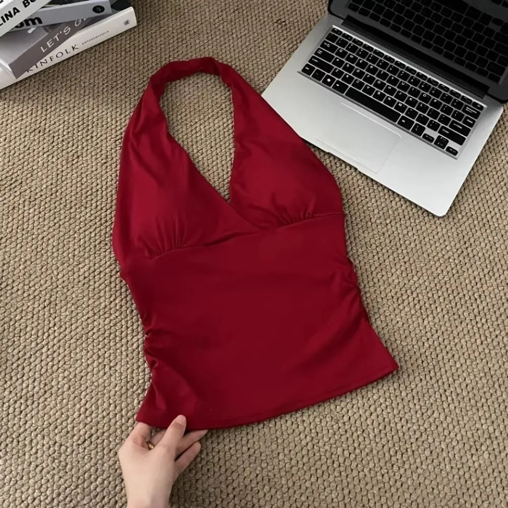 V Neck Design Halter Neck Cami Top With Built In Bra Pads Slim Fit Built In Bra Cami Sleeveless Style Solid Color