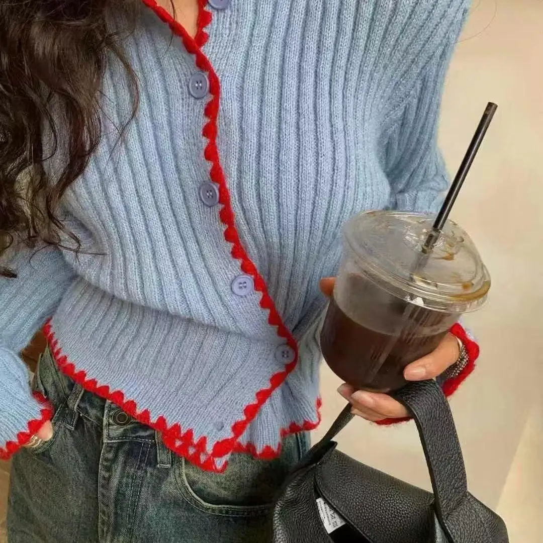 

Chic Color Blo Ruffle Side Button Design Knit Sweater Cardigan Women's ort V-Ne Commute Sle Winter New Arrival