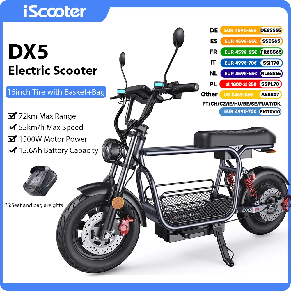 Trottinette électrique iScooter DX5 1500W, batterie 48V 15.6Ah, vitesse maximale 55 km/h, autonomie 60-72 km, pneus 15 pouces avec NFC
