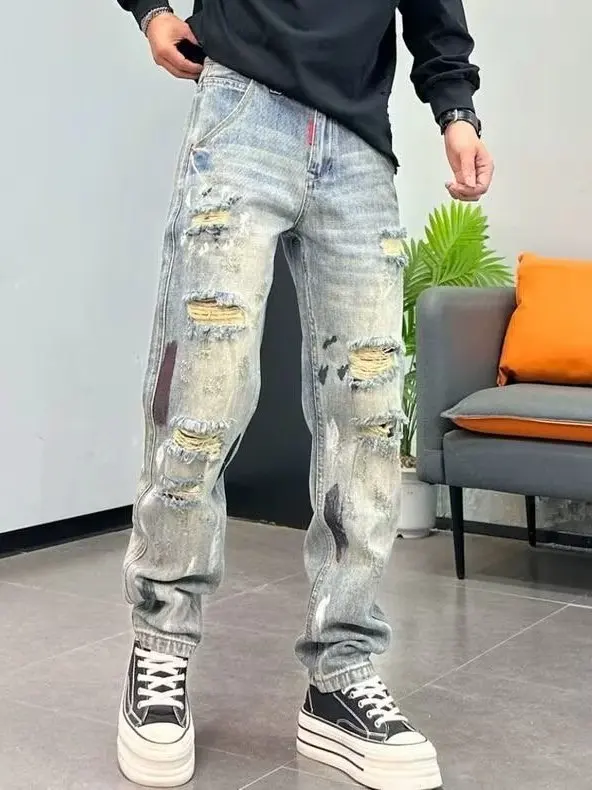 Hand-Painted Graffiti Distressed Straight Leg Cone-Shaped Men's Jeans Casual Trendy Streetwear Classic Fit Long Pants